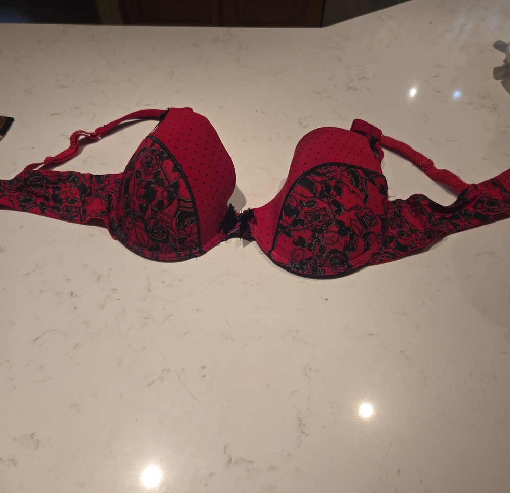 Red Floral Lace Padded Bra with Black Accents - Women Intimates